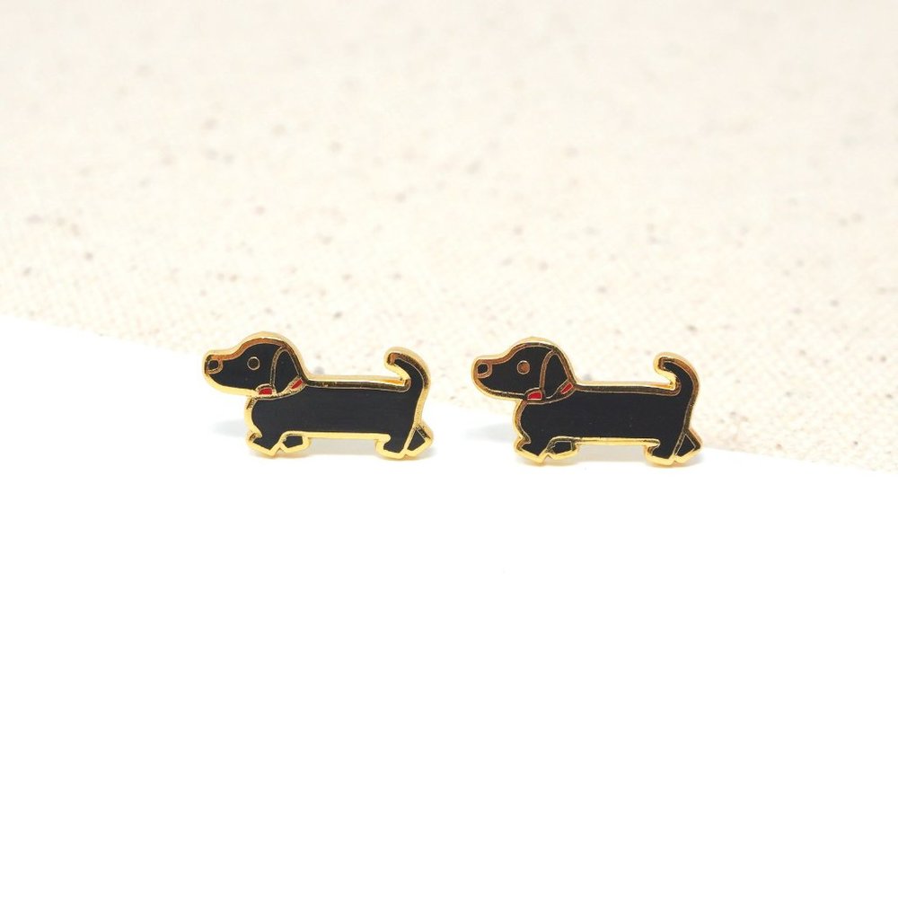 Handcrafted Black Dachshund Enamel Stud Earrings